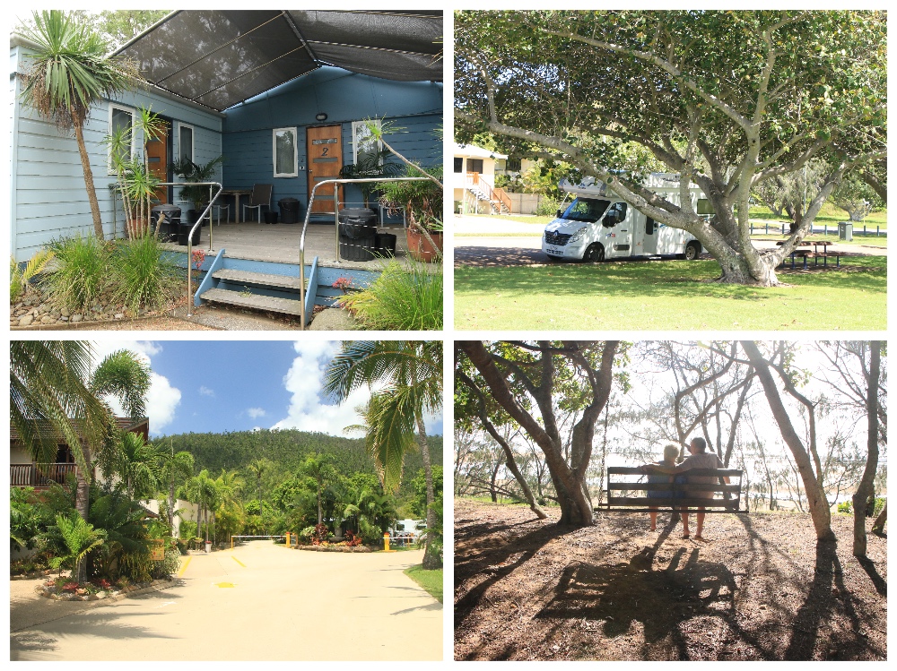 Quatre images : un camping-car d'une famille de backpackers, un Airbnb avec une terrasse, un parking et un jardin face à un lac sur la côte est