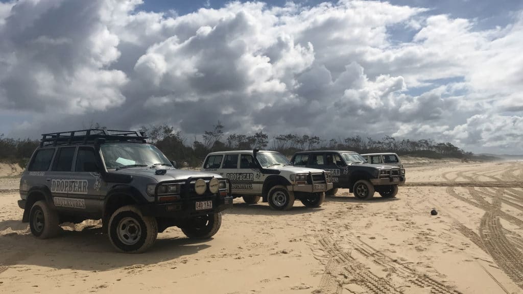 Plusieurs 4x4 sur la plage à Fraser Island en Australie.