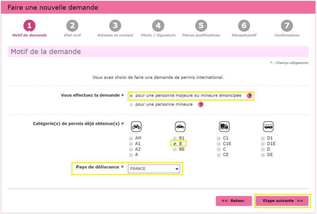 tutoriel demande de permis international australie étape 1 motif de demande suite