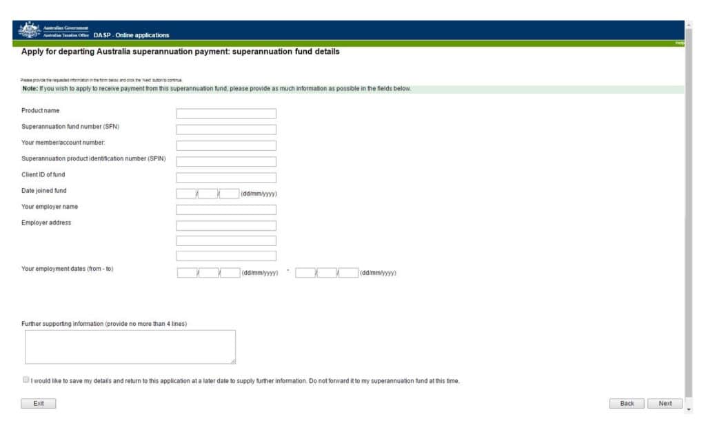 Formulaire de demande de retrait de super en Australie - données du superfund