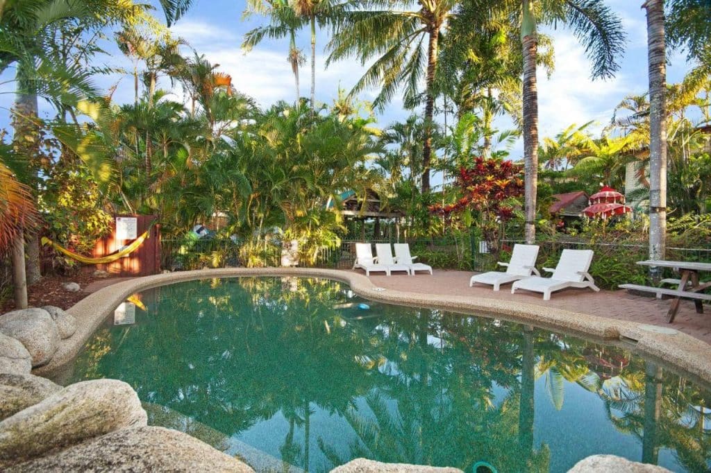 Transats devant une piscine à Carins avec des palmiers et un ciel bleu