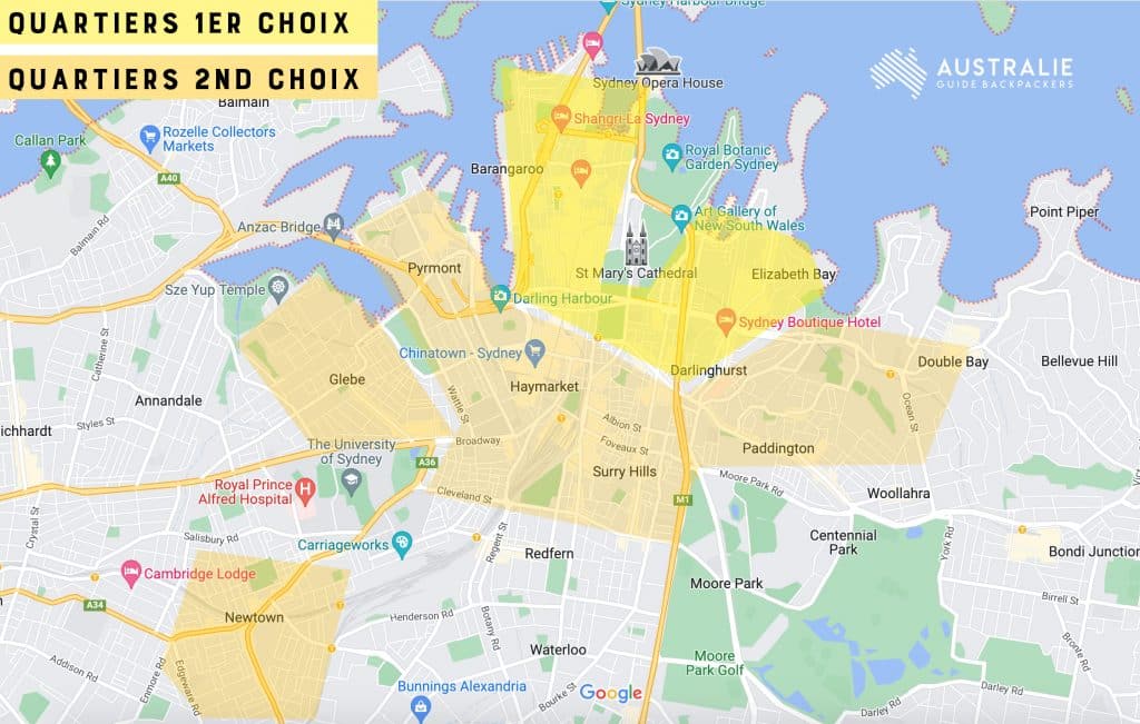 carte des meilleurs quartiers de sydney pour louer un appartement