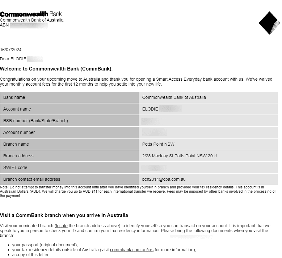 Lettre de bienvenu à la banque Commonwealth en Australie