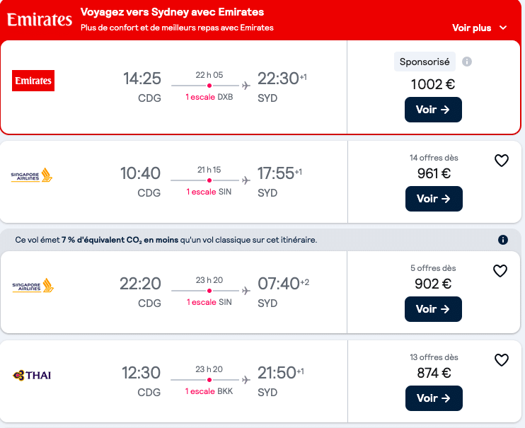 exemples de tarifs de billets d'avion pour l'Australie - Aller simple.