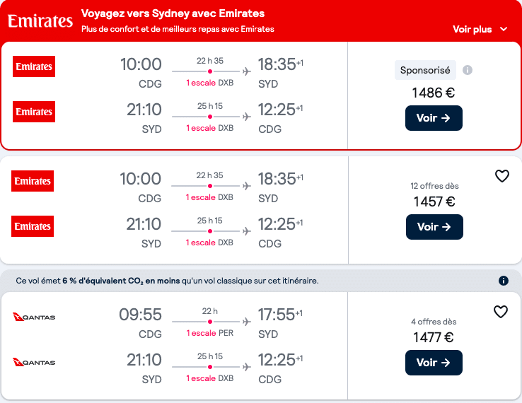 Vols aller/retour entre Paris et Sydney en 2025.