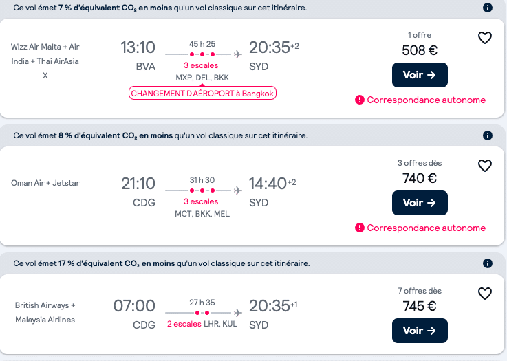 Vols entre Paris et Sydney - exemples de prix en 2025.