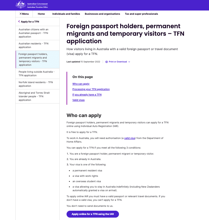 Premiere page de présentation du TFN sur le site du gouvernement Australien avec la liste des personnes qui peuvent s'inscrire pour l'obtention du TFN