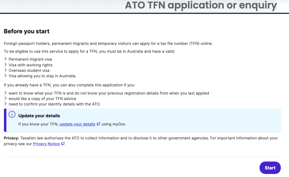 Deuxième page de presentation, avant de commencer son TFN en ligne, liste des personnes qui sont éligibles au Working Holiday Visa/ Permis Travail Vacances