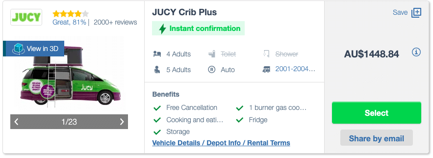 Exemple de tarif de location de van pour 4 personnes en Australie au départ de Sydney pour juin 2025