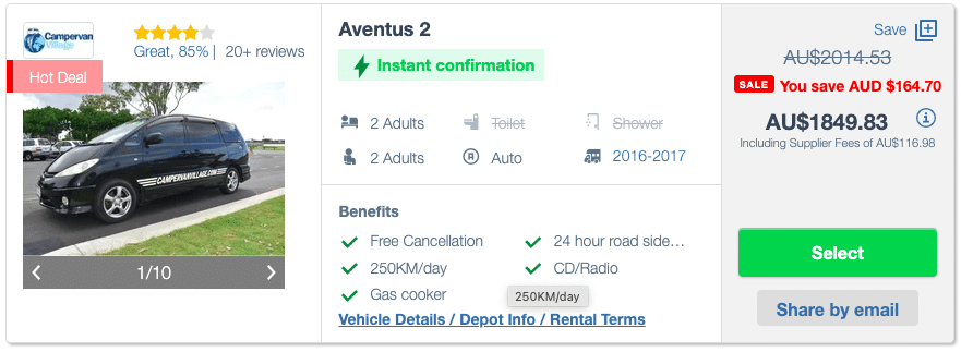 Exemple de tarif de location de van pour 2 personnes en Australie au départ de Sydney pour décembre 2024