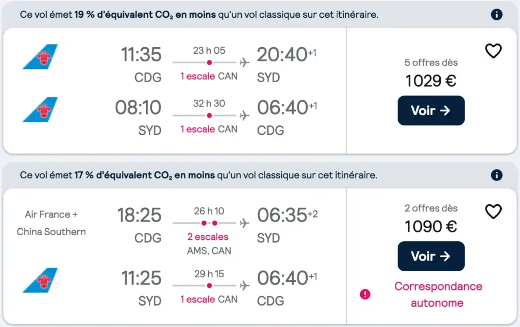 Simulation vols Skyscanner aller/retour Paris-Sydney pour janvier 2025