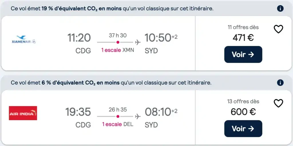 Simulation vols Skyscanner aller simple Paris-Sydney pour mars 2025