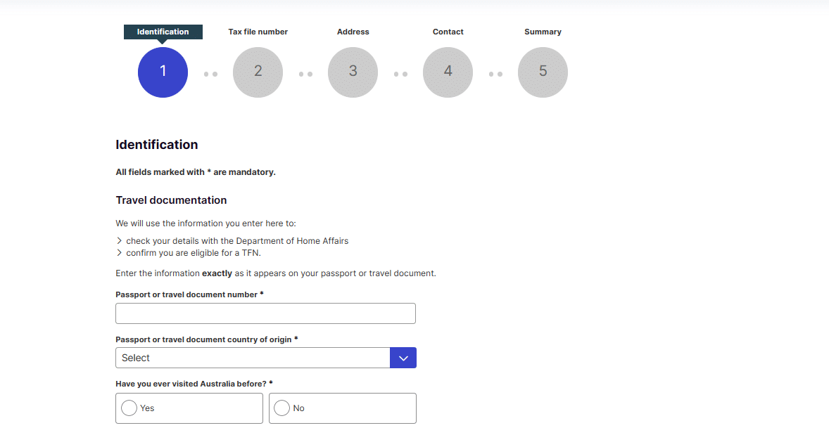 Image de présentation du site du gouvernement australien, avec identification de document comme le passeport et des questions personnelles