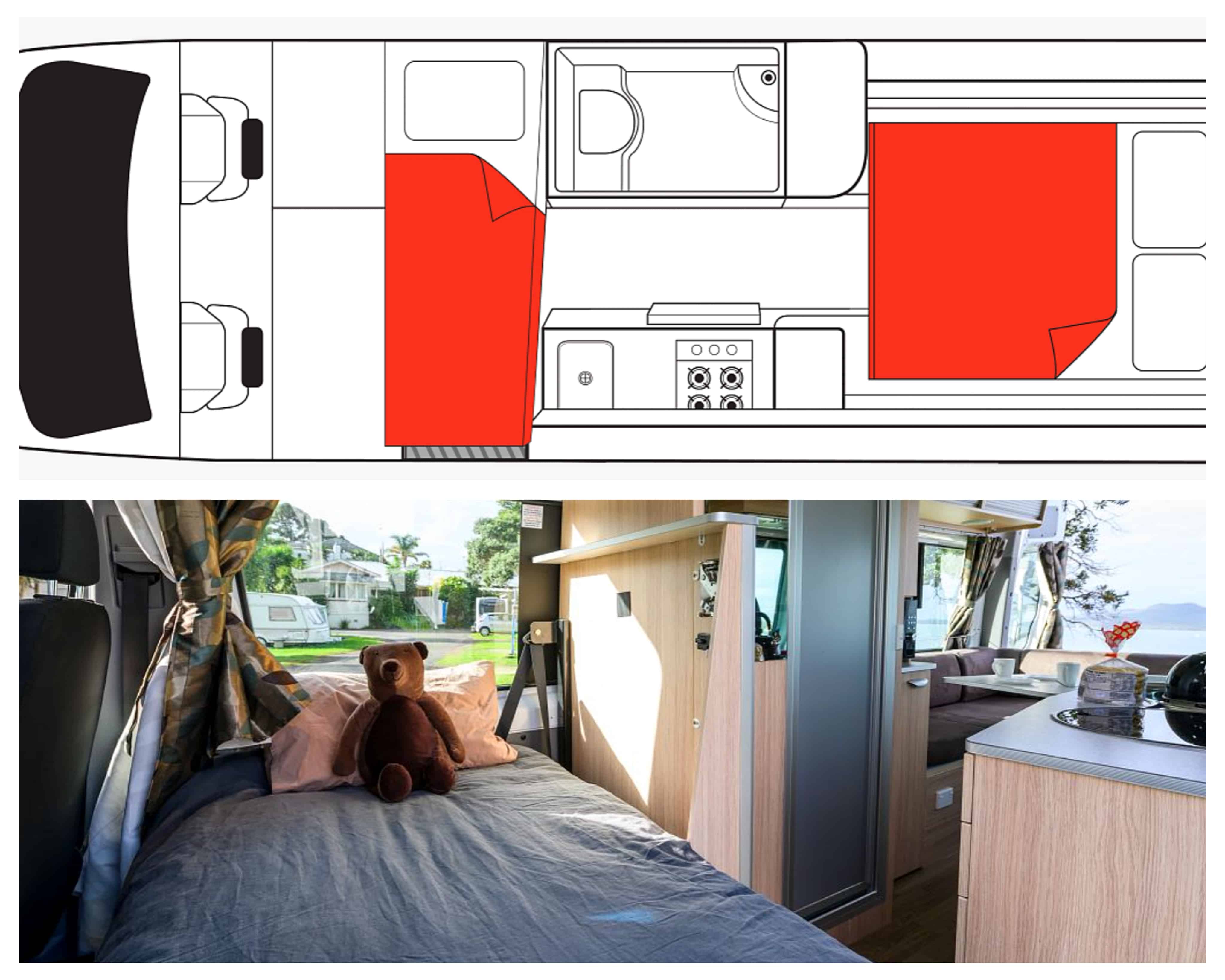 Plan et photo intérieur van modèle 3 Berth Deuce Plus en Australie