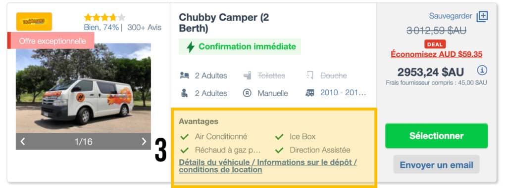 Exemple de tarif de location de van en Australie sur un comparateur.