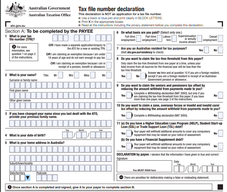 Image de présentation de la déclaration de TFN à effectuer à chaque fois qu'une personne commence un nouveau job en Australie.