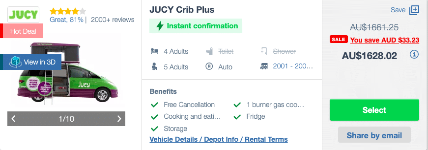 Exemple de tarif. de location de camping car pour 4 personnes depuis Melbourne