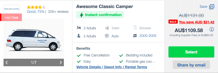 Exemple de tarif. de location de camping car pour 2 personnes depuis Melbourne