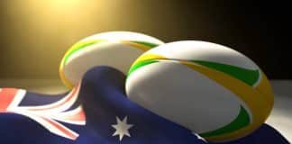 Ballons de rugby et drapeau australien